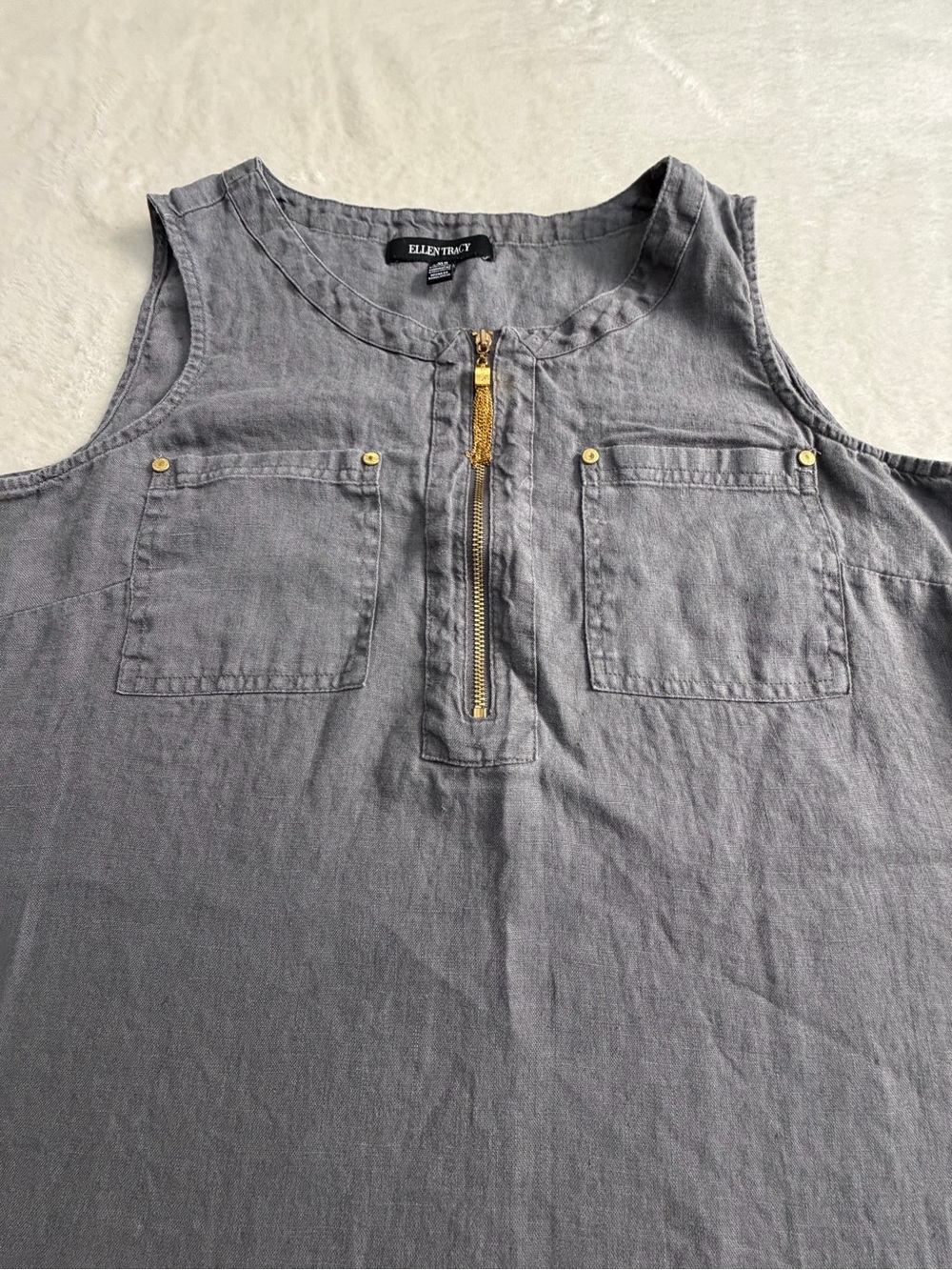 Ellen Tracy Gray Sleeveless Linen Tunic High Low Tank Top